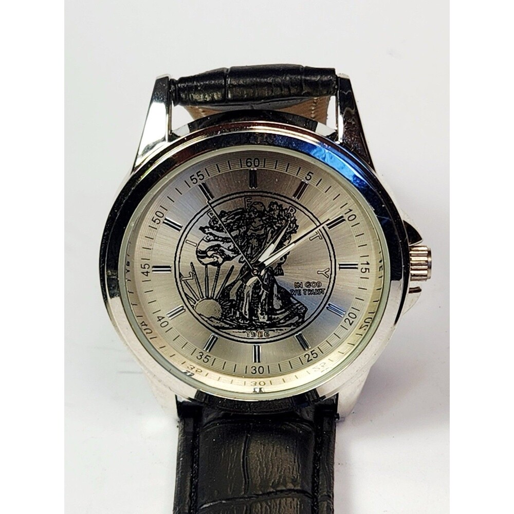 Vintage New American Eagle Lady Liberty Watch Black Leather Band New Battery
